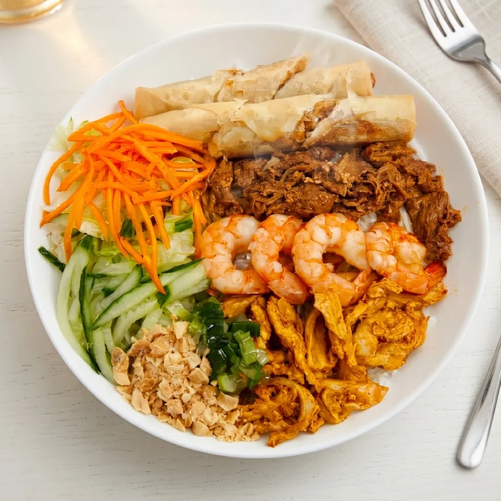 Vermicelli Deluxe bowl with chicken satè, beef satè, shrimp and spring roll at MyMy Sub Calgary